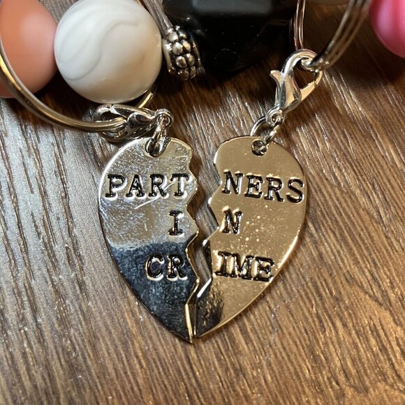 Handmade "Partners in Crime" Set of Pink/White Keychains Best Friend Gifts - Picture 3 of 6